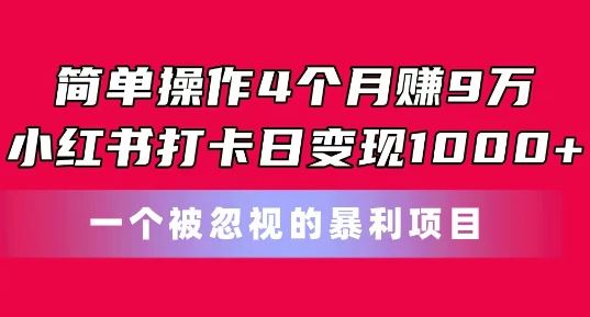 简单操作4个月赚9w，小红书打卡日变现1k，一个被忽视的暴力项目【揭秘】-立刻分享网创平台