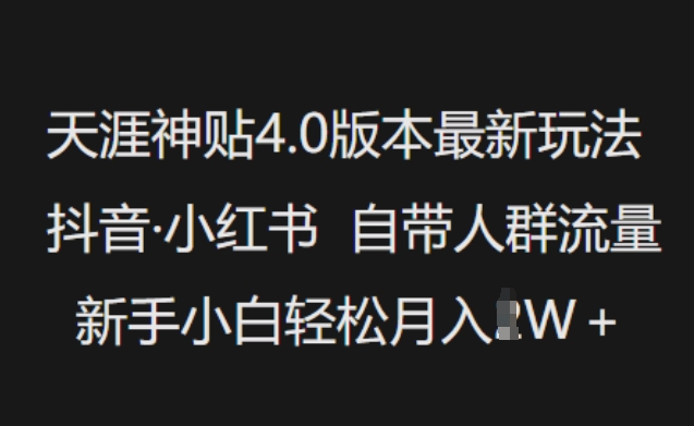 天涯神贴4.0版本最新玩法，抖音·小红书自带人群流量，新手小白轻松月入过W-立刻分享网创平台