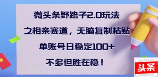 微头条野路子2.0玩法之相亲赛道，无脑搬砖复制粘贴，单账号日稳定300+…-立刻分享网创平台