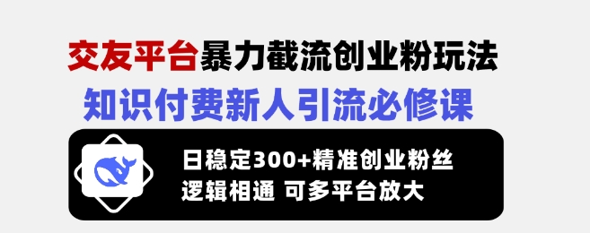 交友平台暴力截流创业粉玩法，知识付费新人引流必修课，日稳定300+精准创业粉丝，逻辑相通可多平台放大-立刻分享网创平台