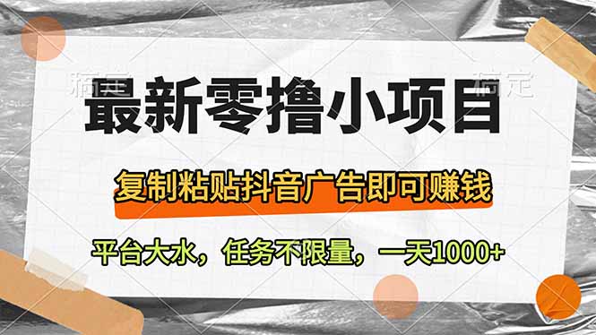 最新零撸小项目，复制粘贴抖音广告即可赚钱，平台大水，任务不限量，一…-立刻分享网创平台
