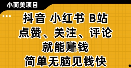 小而美的项目，抖音小红书B站视频点赞、关注、评论就能挣钱，简单无脑立见收益，妥妥的零撸项目【揭秘】-立刻分享网创平台