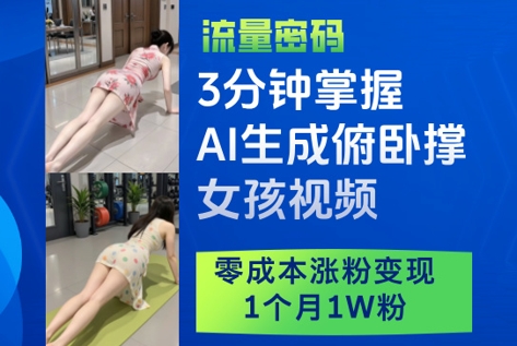 3分钟掌握AI生成俯卧撑女孩视频，零成本涨粉变现，1个月1W粉-立刻分享网创平台