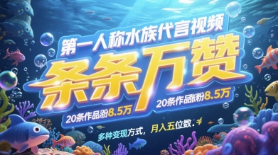 第一人称水族代言视频，条条万赞，20条作品涨粉7.8W，多种变现方式月入五位数-立刻分享网创平台