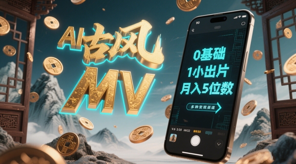 AI一键生成古风音乐MV，0剪辑基础1小时出片，多种变现渠道，一部手机月入5位数-立刻分享网创平台
