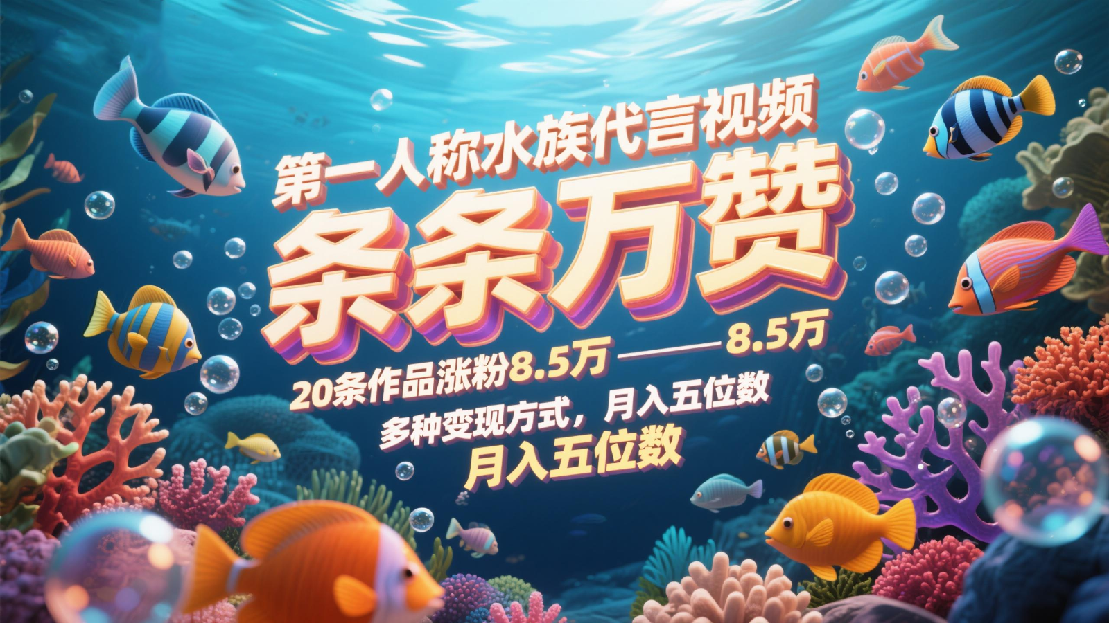 第一人称水族代言视频，条条万赞，20条作品涨粉8.5万，多种变现方式月，入五位数-立刻分享网创平台
