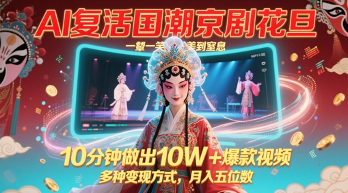 AI复活国潮京剧花旦，一颦一笑美到窒息，10分钟做出10W+爆款视频，多种变现方式，月入五位数-立刻分享网创平台