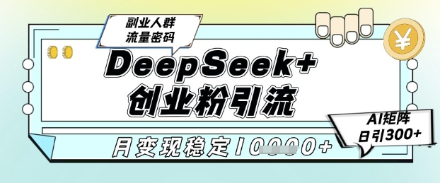 DeepSeek+创业粉精准引流，全新分享课4.0玩法，AI矩阵日引300+，多种变现方式，稳定月入1W-立刻分享网创平台