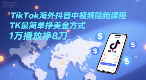 TikTok海外抖音中视频陪跑课程，TK最简单挣美金方式，1万播放挣8刀-立刻分享网创平台
