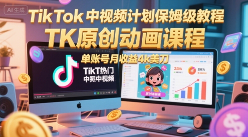 TikTok中视频计划保姆级教程，TK原创动画课程，单账号月收益4k美刀-立刻分享网创平台