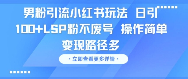 男粉引流小红书玩法，日引100+LSP粉不废号，操作简单，变现路径多-立刻分享网创平台