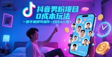 抖音男粉项目0成本玩法，一部手机即可操作，日均4张+，时间自由-立刻分享网创平台