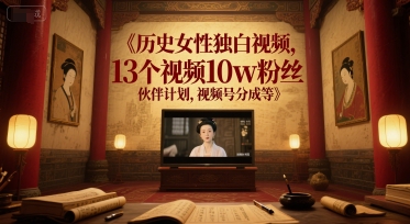 历史女性独白视频，13个视频10w粉丝，伙伴计划，视频号分成等-立刻分享网创平台