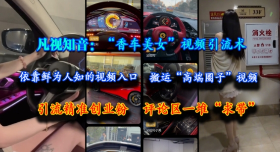 凡视知音：“香车美女”视频引流术，依靠鲜为人知的视频入口，搬运“高端圈子”视频，引流精准创业粉，评论区一堆“求带”-立刻分享网创平台