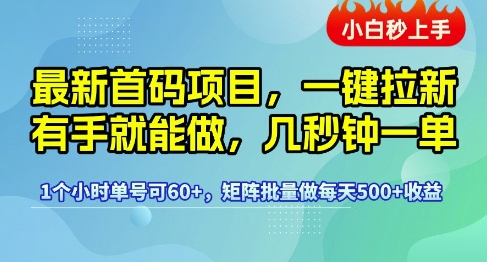 最新首码项目，一键拉新有手就能做，几秒钟一单，1个小时单号可60+，矩阵批量做每天5张【揭秘】-立刻分享网创平台