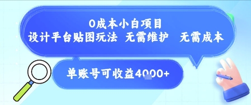 0成本小白项目，设计平台贴图玩法，无需维护，无需成本，单账号单月可产生收益4k+-立刻分享网创平台