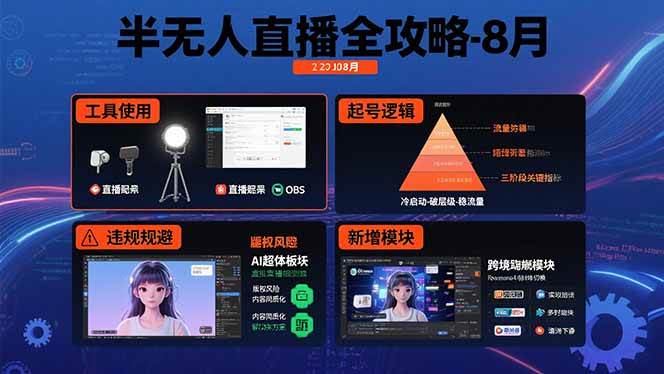 （15669期）半无人直播全攻略-8月：工具使用+起号逻辑+违规规避,新增AI超体与跨境模块-立刻分享网创平台