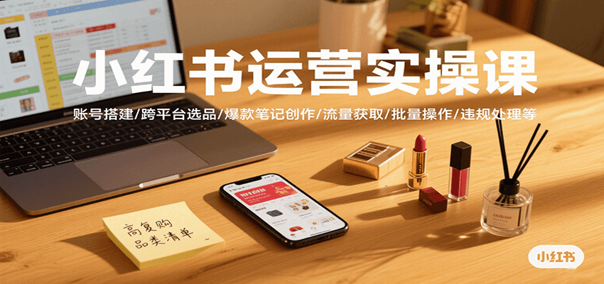 小红书运营实操课，账号搭建/跨平台选品/爆款笔记创作/流量获取/批量操作/违规处理等-立刻分享网创平台