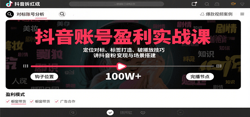 抖音账号盈利实战课，定位对标、标签打造、破播放技巧，讲涨粉变现与场景搭建-立刻分享网创平台