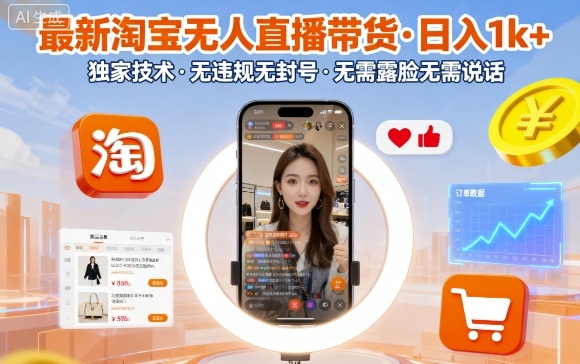 最新淘宝无人直播带货，日入1k+，独家技术，无违规无封号，无需露脸无需说话【揭秘】-立刻分享网创平台