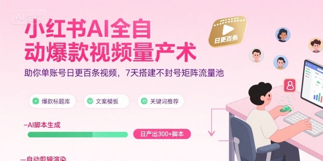 小红书AI全自动爆款视频量产术，助你单账号日更百条视频，7天搭建不封号矩阵流量池（更新9月）-立刻分享网创平台