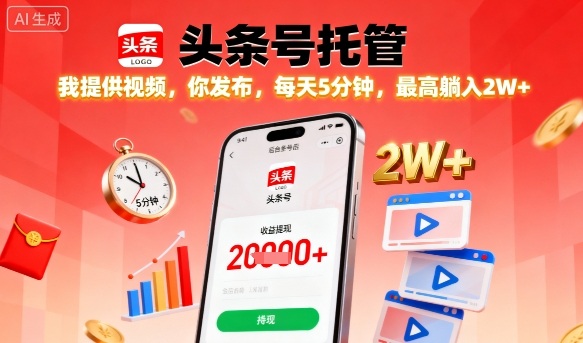 【头条号托管】我提供视频，你发布，每天5分钟，最高躺入2W+【揭秘】-立刻分享网创平台