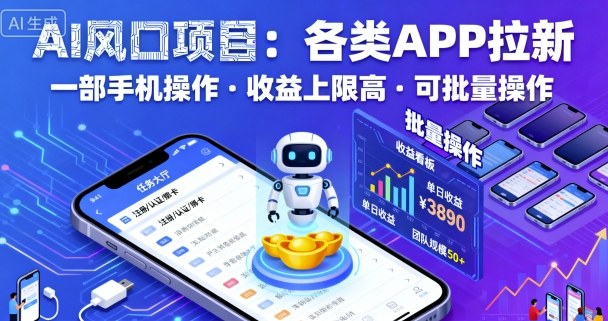 AI风口项目，各类APP拉新，一部手机就可以操作，收益上限高，可批量操作-立刻分享网创平台