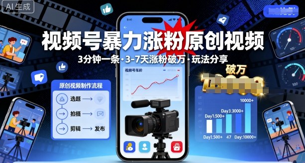 视频号暴力涨粉原创视频，3分钟一条原创视频，3-7天涨粉破万，玩法分享给你-立刻分享网创平台