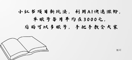小红书项目新玩法，利用AI快速涨粉，单账号每月平均在3k，后面可以多账号，手把手教会-立刻分享网创平台