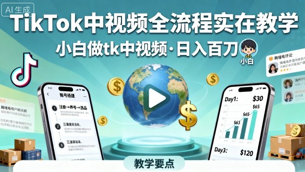TikTok中视频全流程实操教学，小白做tk中视频，日入百刀-立刻分享网创平台