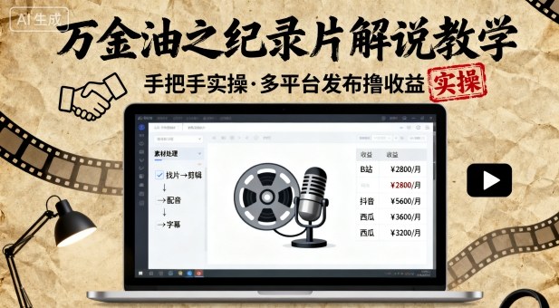 万金油之纪录片解说教学，手把手教你，完全实操，多平台发布撸收益-立刻分享网创平台