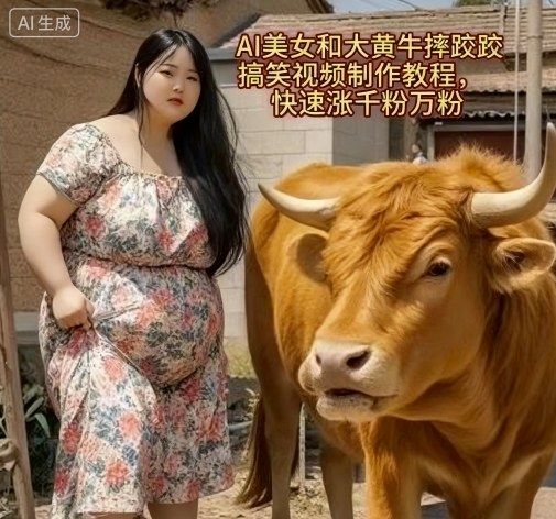 AI美女和大黄牛摔跤搞笑荒诞视频制作教程，快速涨千粉万粉-立刻分享网创平台