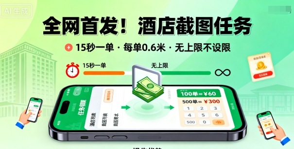 全网首发！酒店截图任务，15秒一单，每单0.6米，任务无上限不设限，矩阵操作单日3张到手【揭秘】-立刻分享网创平台
