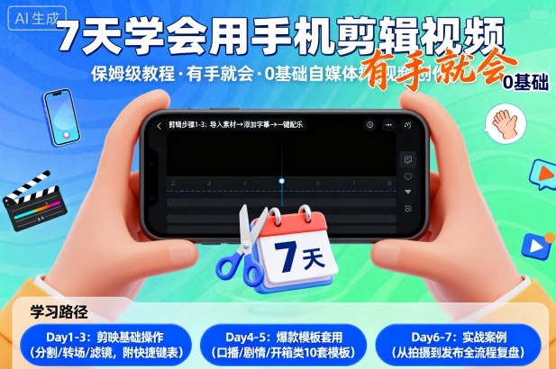 7天学会用手机剪辑视，保姆级教程，有手就会，0基础自媒体短视频创作教程-立刻分享网创平台