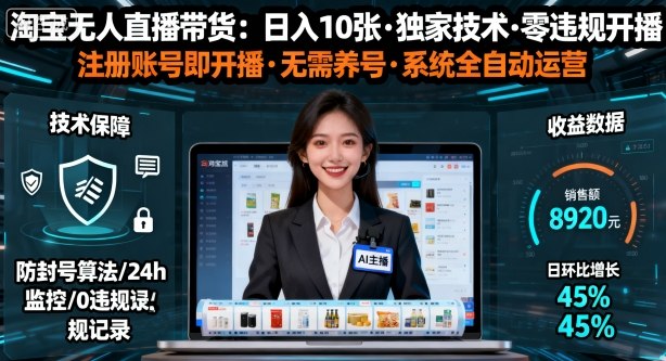 【最新】淘宝无人直播带货，日入10张，独家技术，无违规无封号，注册账号直接开播，不用养号【揭秘】-立刻分享网创平台