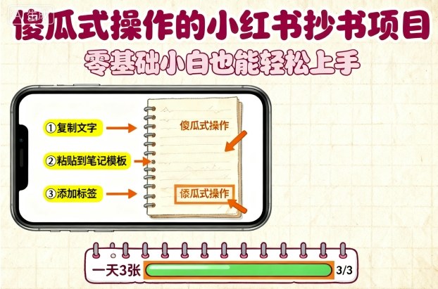傻瓜式操作的小红书抄书项目，会复制粘贴就行，零基础小白也能一天3张-立刻分享网创平台