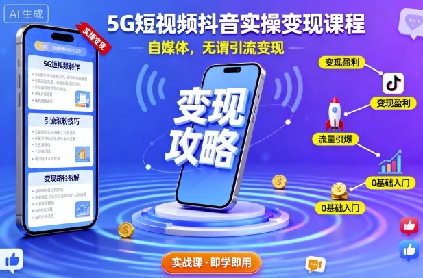 5G短视频抖音实操变现课程，自媒体，无谓引流变现-立刻分享网创平台