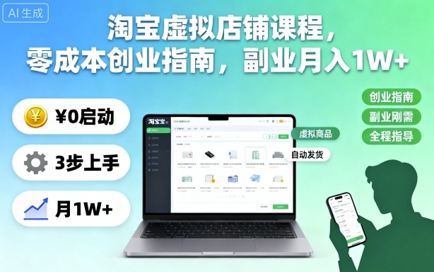 淘宝虚拟店铺课程,零成本创业指南,副业月入1W+-立刻分享网创平台