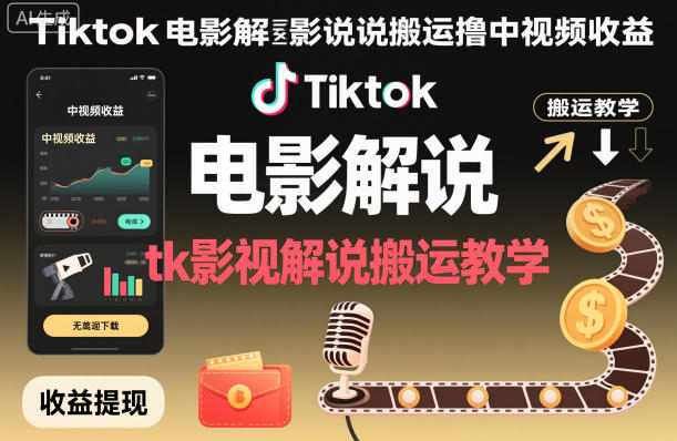 Tiktok电影解说搬运撸中视频收益，tk影视解说搬运教学-立刻分享网创平台