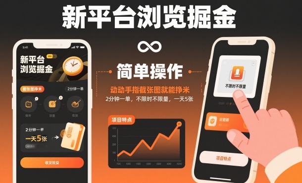 新平台浏览掘金，动动手指截张图就能挣米，2分钟一单，不限时不限量，一天5张【揭秘】-立刻分享网创平台