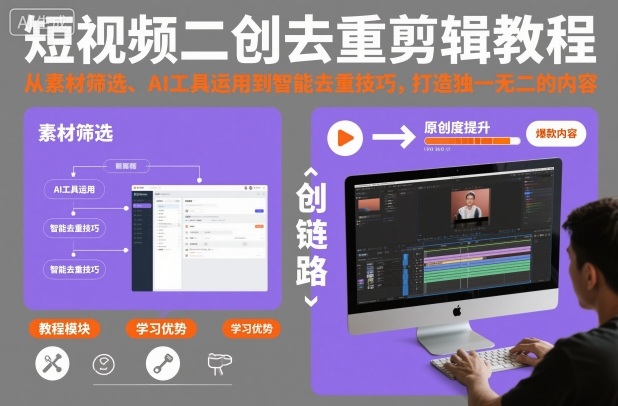 短视频二创去重剪辑教程,从素材筛选、AI工具运用到智能去重技巧,打造独一无二的内容-立刻分享网创平台