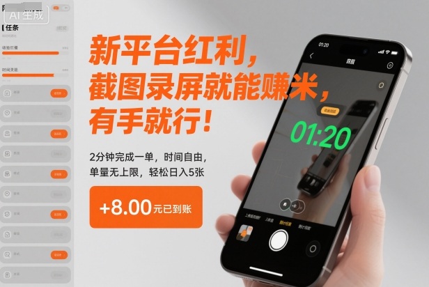 新平台红利,截图录屏就能賺米,有手就行!2分钟完成一单,时间自由,单量无上限,轻松日入5张【揭秘】-立刻分享网创平台
