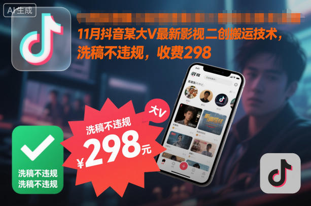 11月抖音某大V最新影视二创搬运技术，洗稿不违规，收费298-立刻分享网创平台