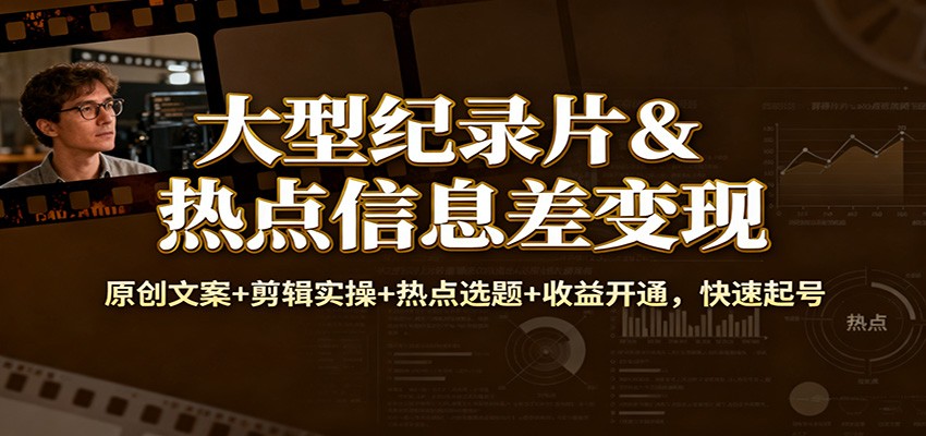 大型纪录片&热点信息差变现：原创文案+剪辑实操+热点选题+收益开通，快速起号-立刻分享网创平台