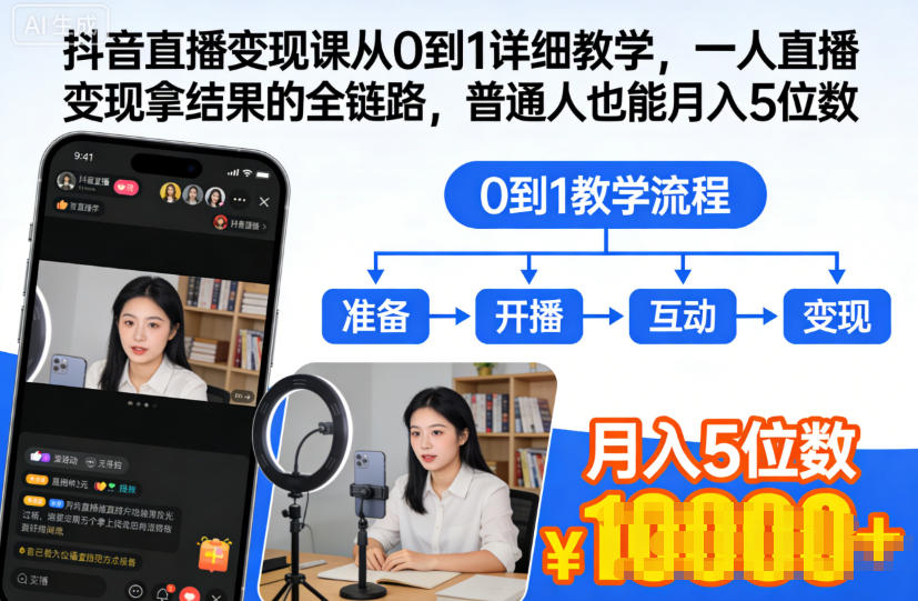 抖音直播变现课从0到1详细教学，一人直播变现拿结果的全链路，普通人也能月入5位数-立刻分享网创平台