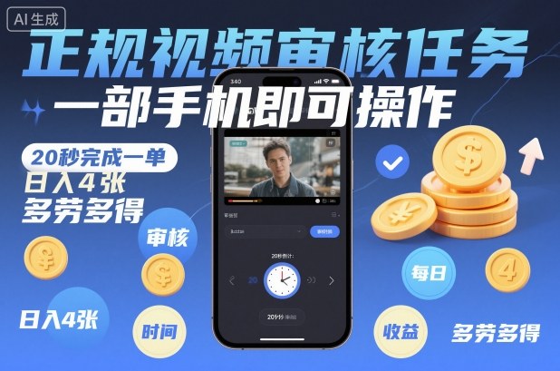 正规视频审核任务，一部手机即可操作，20秒完成一单，日入4张，多劳多得【揭秘】-立刻分享网创平台